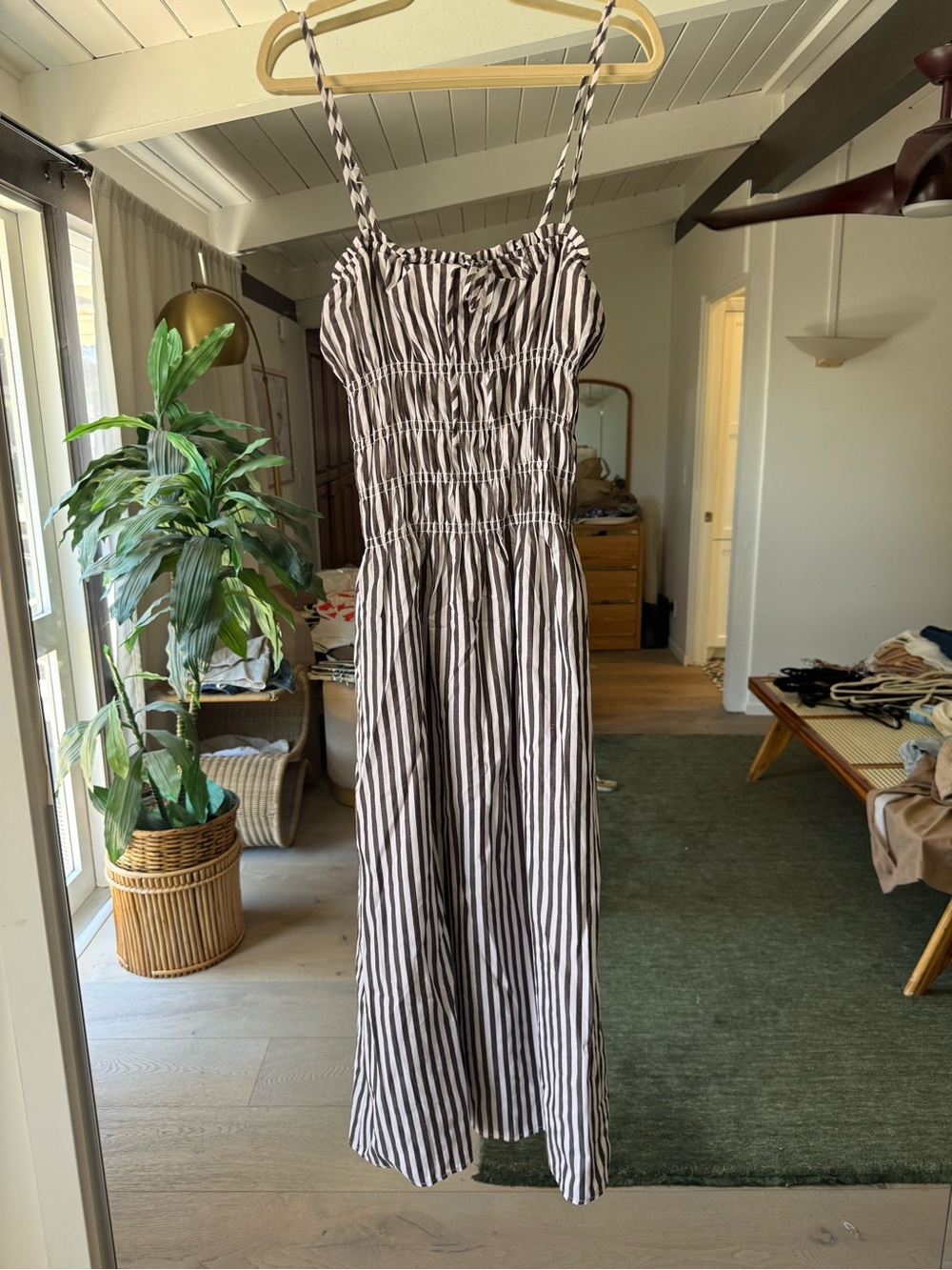 Onia brown & White Striped Smocked sundress